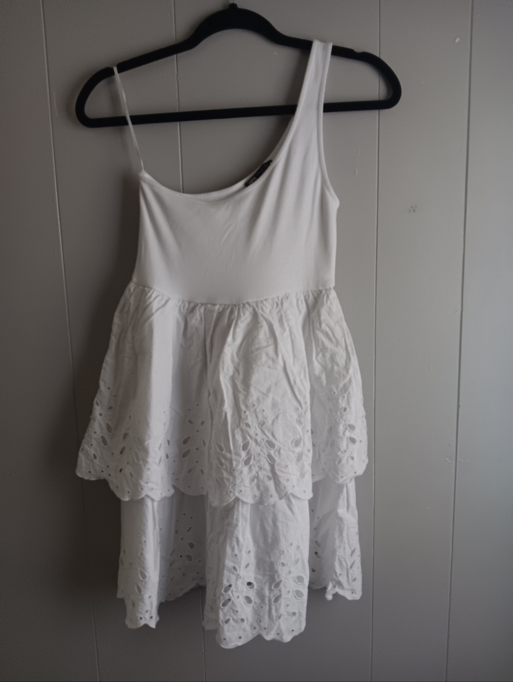 Zara White One-Shoulder Eyelet Tiered Dress